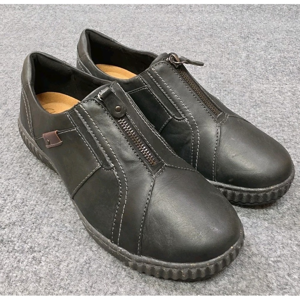 Clarks Magnolia Zip Black Leather Shoes Women's Size 7 E Wide Comfort Loafers